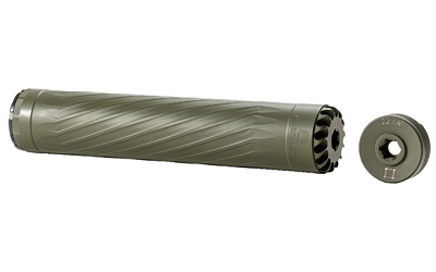 ANXX-223-OD-L_1jpg | ATFirearms Olive-green rifle suppressor with a threaded muzzle adapter shown separately on white background.