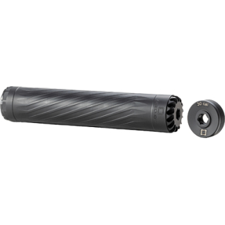 Dark gray rifle suppressor with spiral knurling and a detachable end cap labeled ‘30 cal’