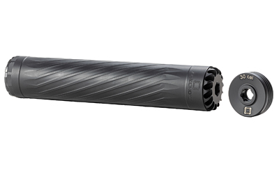 ANXX-30-B-L_1jpg | ATFirearms Dark gray rifle suppressor with spiral knurling and a detachable end cap labeled ‘30 cal’