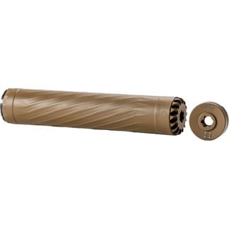 Tan cylindrical rifle suppressor with spiral wrap and a separate end cap labeled 30 CAL.
