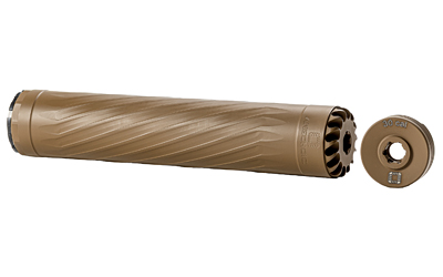 ANXX-30-FDE-L_1jpg | ATFirearms Tan cylindrical rifle suppressor with spiral wrap and a separate end cap labeled 30 CAL.