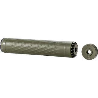 Olive green rifle suppressor with a detachable end cap and a labeled 5.56 cal muzzle piece
