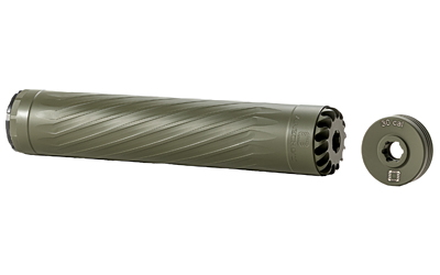 ANXX-30-OD-L_1jpg | ATFirearms Olive green rifle suppressor with a detachable end cap and a labeled 5.56 cal muzzle piece