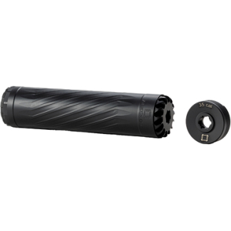 Black firearm suppressor with a separate muzzle adapter labeled ‘35 cal’