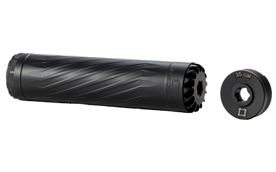 ANXX-35-B_1jpg | ATFirearms Black firearm suppressor with a separate muzzle adapter labeled ‘35 cal’
