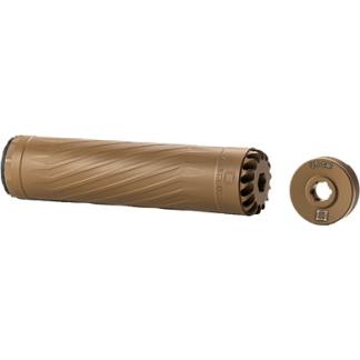 Tan cylindrical firearm suppressor with spiral ridges and a separate threaded end-cap.