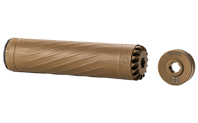 ANXX-35-FDE_1jpg | ATFirearms Tan cylindrical firearm suppressor with spiral ridges and a separate threaded end-cap.