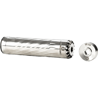 Silver firearm suppressor with spiral flutes and an end cap marked 35 cal on a white background.
