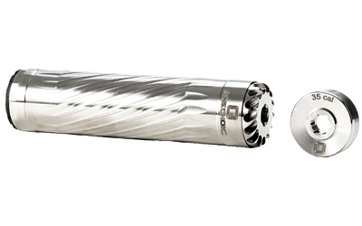 ANXX-35-RT_1jpg | ATFirearms Silver firearm suppressor with spiral flutes and an end cap marked 35 cal on a white background.