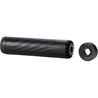 Black firearm suppressor with a separate end cap labeled 45 cal, shown detached beside the tube.