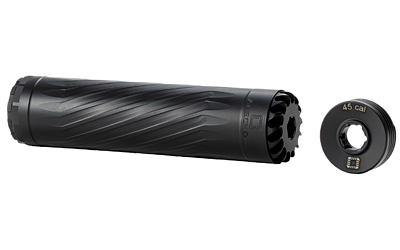 ANXX-45-B_1jpg | ATFirearms Black firearm suppressor with a separate end cap labeled 45 cal, shown detached beside the tube.