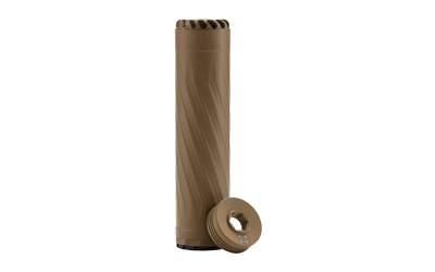 ANXX-45-FDE_2jpg | ATFirearms Brown cylindrical object with a ridged surface standing upright, accompanied by a small circular ring with a central hole leaned against it.