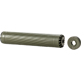 Olive green rifle suppressor with a separate .45 CAL muzzle cap shown beside it.