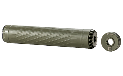 ANXX-45-OD_1jpg | ATFirearms Olive green rifle suppressor with a separate .45 CAL muzzle cap shown beside it.