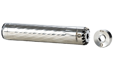 ANXX-45-RT_1jpg | ATFirearms Long silver drill bit with spiral flutes, shown alongside a matching round collet adapter.