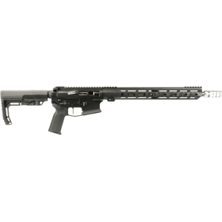 AR-style semi-automatic rifle with adjustable stock, pistol grip, and long quad-rail handguard, shown from the left on a white background