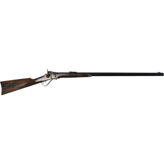 Long antique flintlock rifle with a wooden stock and long metal barrel displayed horizontally