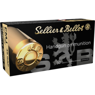 Box of Sellier & Bellot handgun ammunition, 50 rounds of .45 GAP, featuring a large gold cartridge graphic on the front