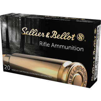 Sellier & Bellot rifle ammunition box with 20 cartridges, forest backdrop on packaging