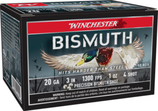 Box of Winchester BISMUTH shotgun shells featuring a duck image, labeled 20 GA 3 IN, 1300 FPS, 1 OZ, 4 SHOT.