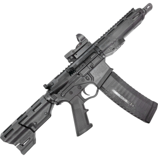 Close-up of a black tactical rifle showing the handguard, front sight rail, and textured pistol grip.