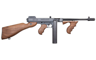 AUT1SB_1jpg | ATFirearms Black rifle-like firearm with a wooden shoulder stock, wooden grip, a vertical foregrip, and a downward-facing magazine.