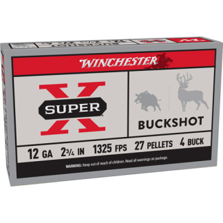 Box of Winchester Super-X Buckshot ammo: 12 GA, 2 3/4 in, 1325 FPS, 27 pellets, 4 buck, with Winchester branding on the package.