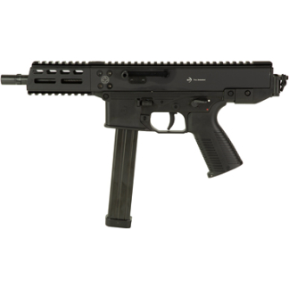 Black compact firearm (submachine gun) with a downward magazine and tactical handguard, facing left