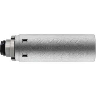 Silver cylindrical bicycle part with a knurled surface and a black end cap.