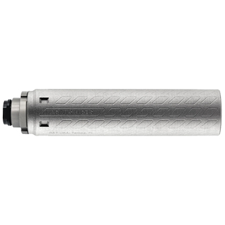 Silver cylindrical bicycle suspension component with a textured side pattern, shown isolated.