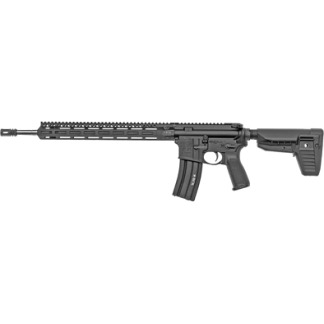Black semi-automatic rifle with a long Picatinny rail, foregrip, and curved detachable magazine