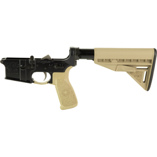 AR-style rifle receiver with tan stock and grip, facing left in profile.