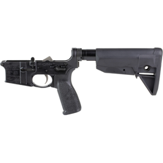 Partially assembled rifle lower receiver with a pistol grip, trigger guard, and a collapsible stock extending to the right.
