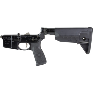 AR-style rifle with adjustable stock and pistol grip shown in profile or side view of the firearm, typical tactical design