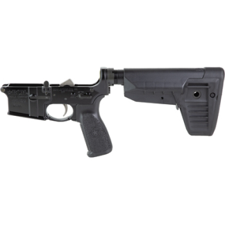 AR-style rifle lower receiver with pistol grip and adjustable stock, shown detached from the upper receiver.