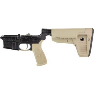 AR-style pistol with beige stock and grip, black receiver, shown in profile.