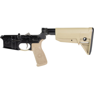 AR-15 style semi-automatic rifle with a tan fixed stock and tan pistol grip, shown in profile.