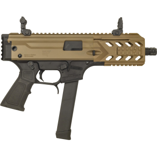 Tan and black airsoft rifle with top Picatinny rails and a long magazine, shown from the side.