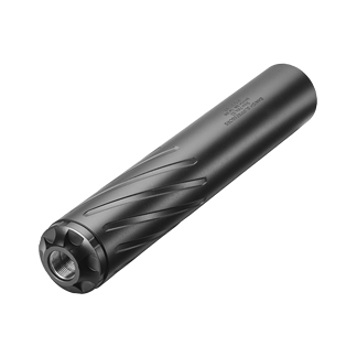 Compact black flashlight with knurled grip and a circular lens at one end, lying diagonally across a white background.