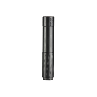 Black tactical flashlight with knurled grip and flat ends, standing upright on a white background.