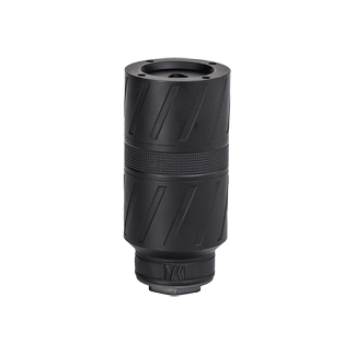 Black cylindrical camera lens barrel with a textured grip and lens mount at the bottom, shown upright.