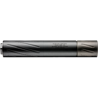 Close-up of a black firearm suppressor (silencer) with grooved decorative patterns on a cylindrical body.