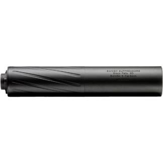 Black cylindrical firearm suppressor (silencer) with diagonal grooves and side engravings, shown from side view