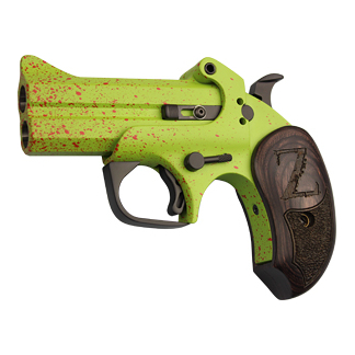 Bright green sci-fi pistol with red speckles and a brown wooden grip.