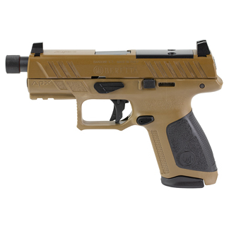 Left-side view of a tan semi-automatic pistol with a black textured grip and rail.