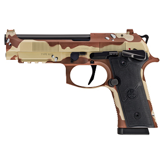 Side view of a desert camouflage semi-automatic pistol with a black grip and exposed trigger guard.