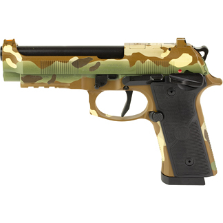 Side view of a camo-pattern semi-automatic pistol with a black grip, shown in profile