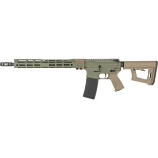 AR-style semi-automatic rifle with a long ventilated handguard, tan stock and grip, and a detachable curved magazine.