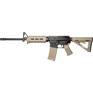 Tan and black AR-style rifle with a quad-rail handguard, tan stock and magazine, shown in profile.