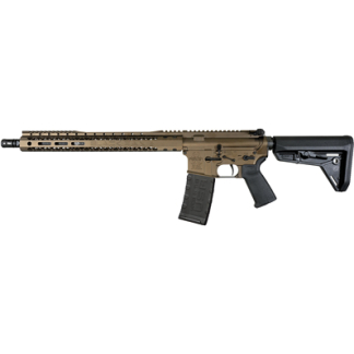 Tan-colored AR-style rifle with a detachable magazine and adjustable stock, shown in profile with a long upper rail and handguard.